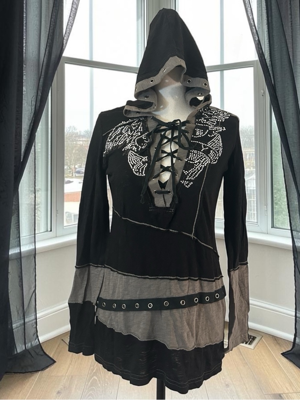 Y2K Mürmür Rhinestone Grommet Color Block Lace Up Hooded Top Grunge Goth S - Picture 14 of 14